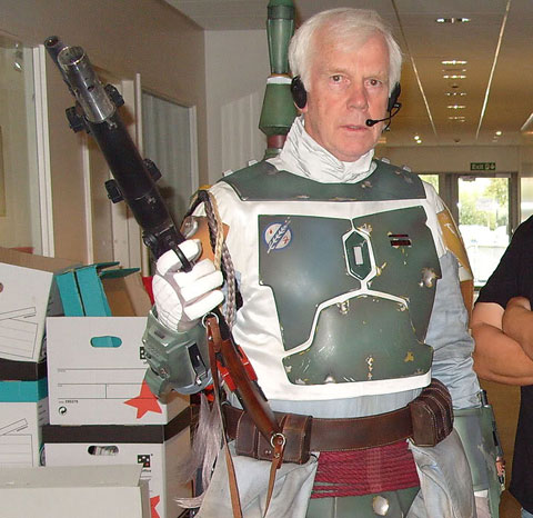 The Boba Fett costume he is wearing is put together by folks from The Dented
